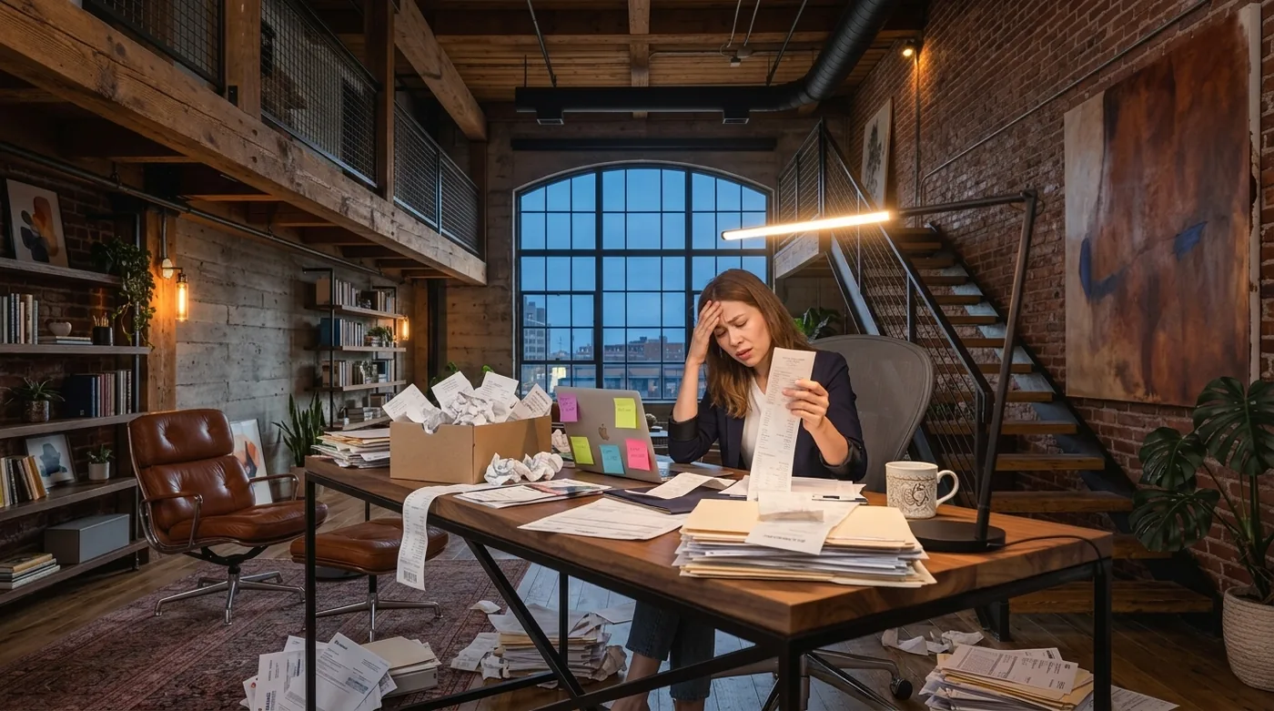 A business owner in her loft office buried in receipts and statements at dusk